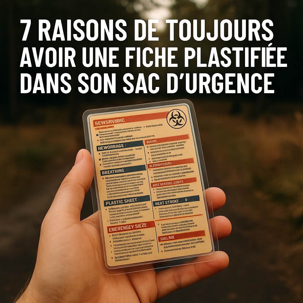 Main tenant une fiche de survie plastifiée avec conseils imprimés, sur fond de forêt, texte en surimpression