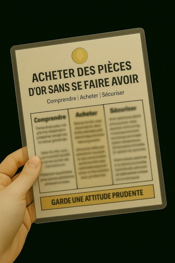 Photo d’une main tenant une fiche plastifiée sur fond noir, avec le titre “Acheter des pièces d’or sans se faire avoir” et le texte flouté pour préserver le contenu confidentiel