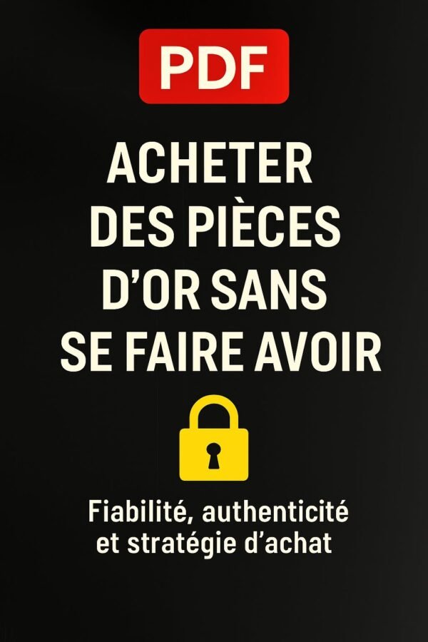 Couverture PDF noire avec le titre “Acheter des pièces d’or sans se faire avoir”, icône de cadenas jaune et mention “Fiabilité, authenticité et stratégie d’achat”