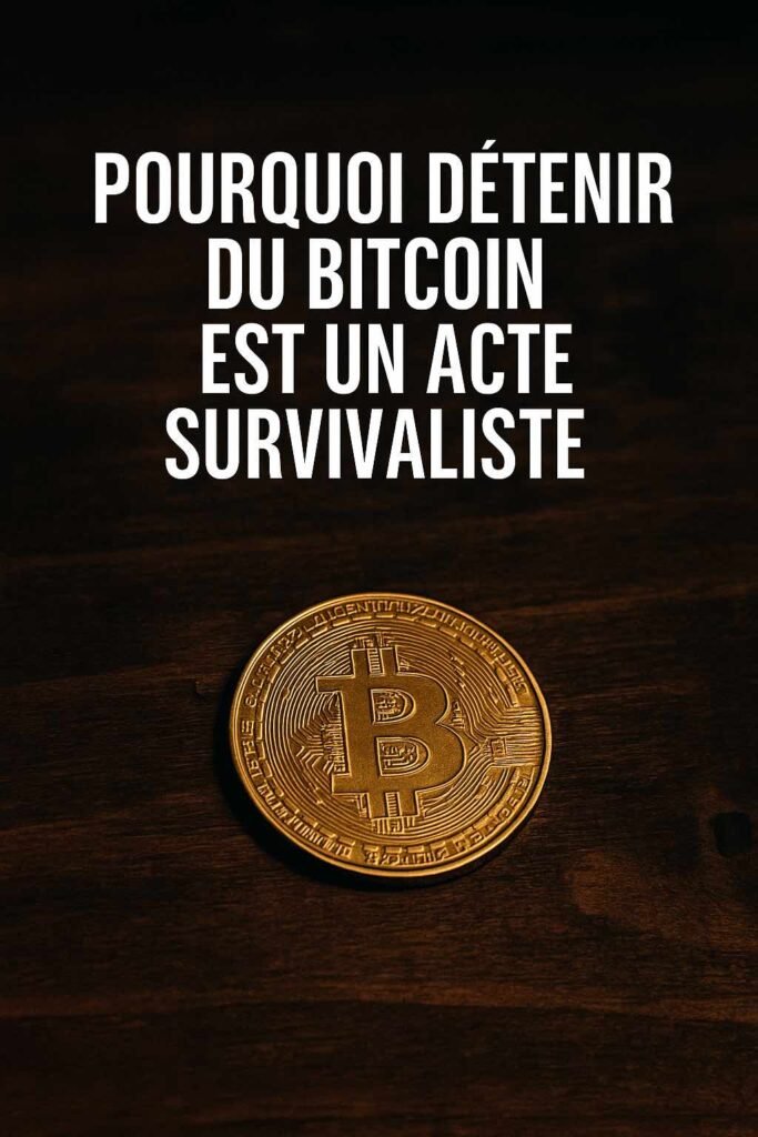 Pièce de Bitcoin dorée tenue entre deux doigts, sur fond sombre, représentant l’autonomie et la résilience financière en période de crise