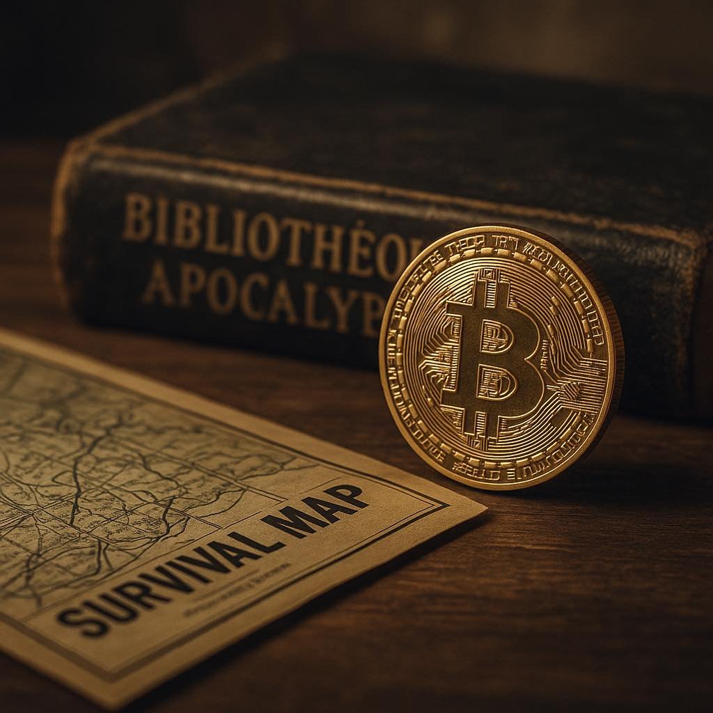 Pièce de Bitcoin posée devant un livre intitulé "Bibliothèque de l’Apocalypse" et une carte de survie, symbolisant la résilience financière hors système