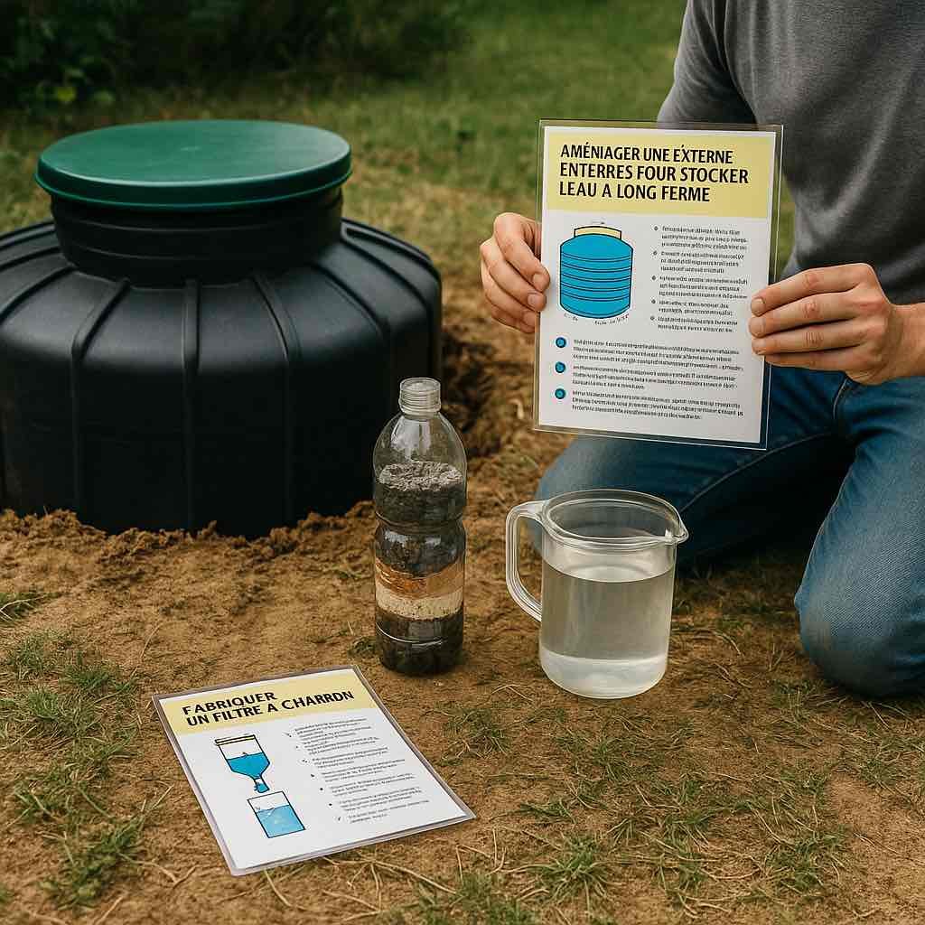 Photographie d’une citerne enterrée en extérieur avec un système de filtration à charbon fait maison, utilisée pour stocker de l’eau potable en autonomie