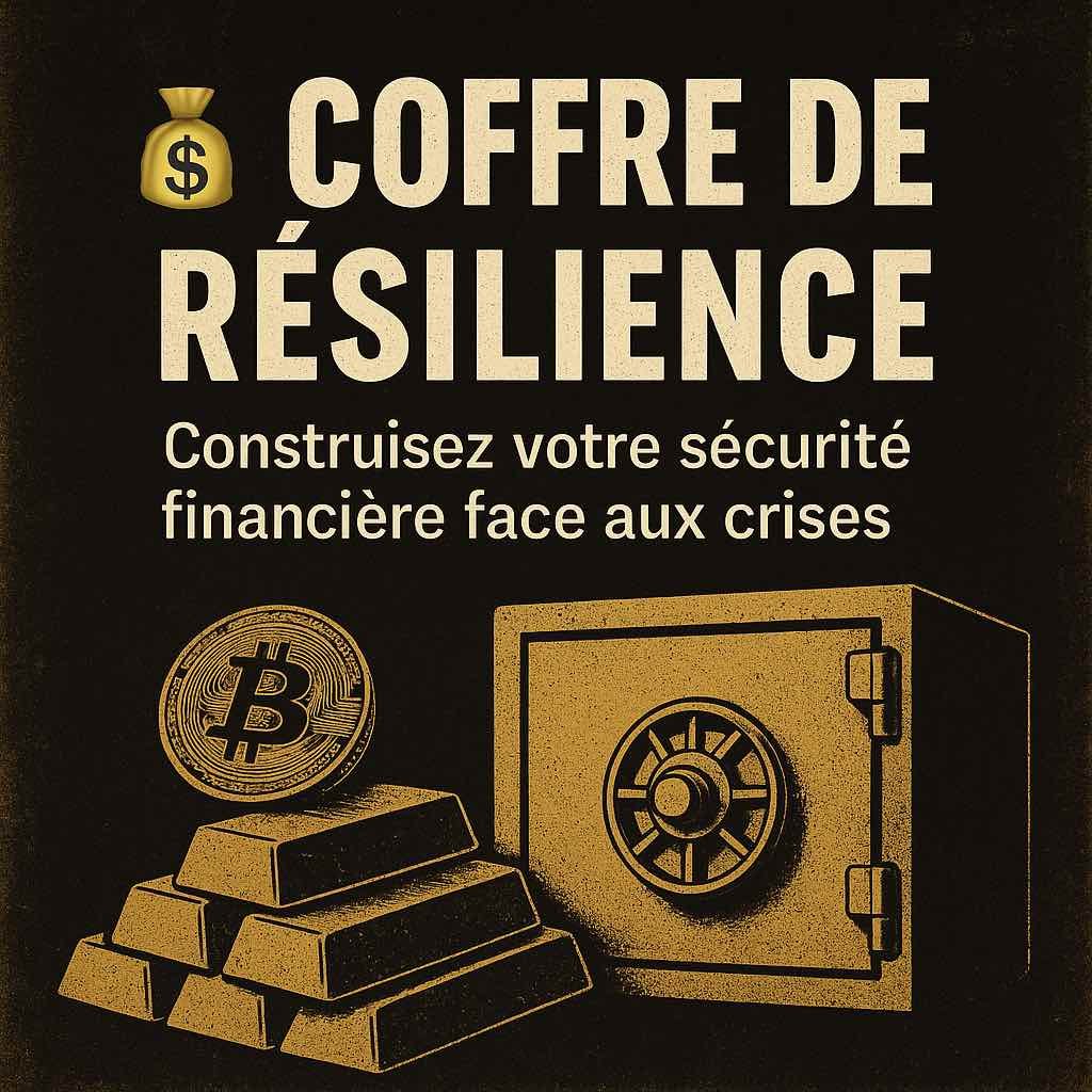 Illustration d’un coffre-fort, de lingots d’or et d’un bitcoin avec le texte « Coffre de Résilience – Construisez votre sécurité financière face aux crises » sur fond sombre texturé