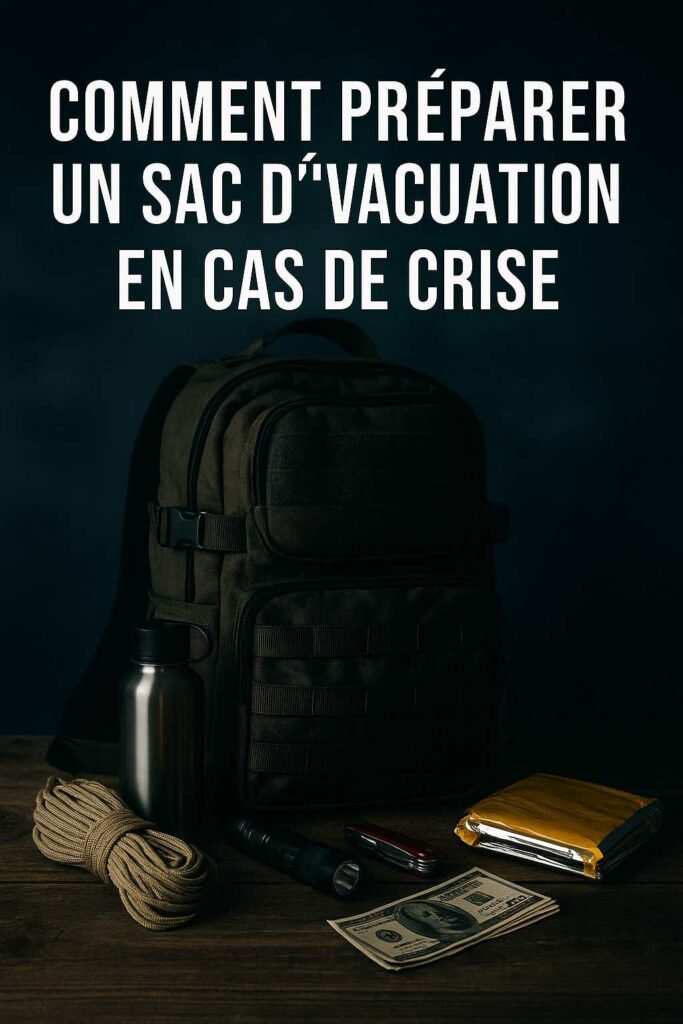 Photo d’un sac d’évacuation avec équipement de survie : gourde, paracorde, couteau suisse, lampe, argent et couverture de survie, illustrant la préparation en cas de crise.