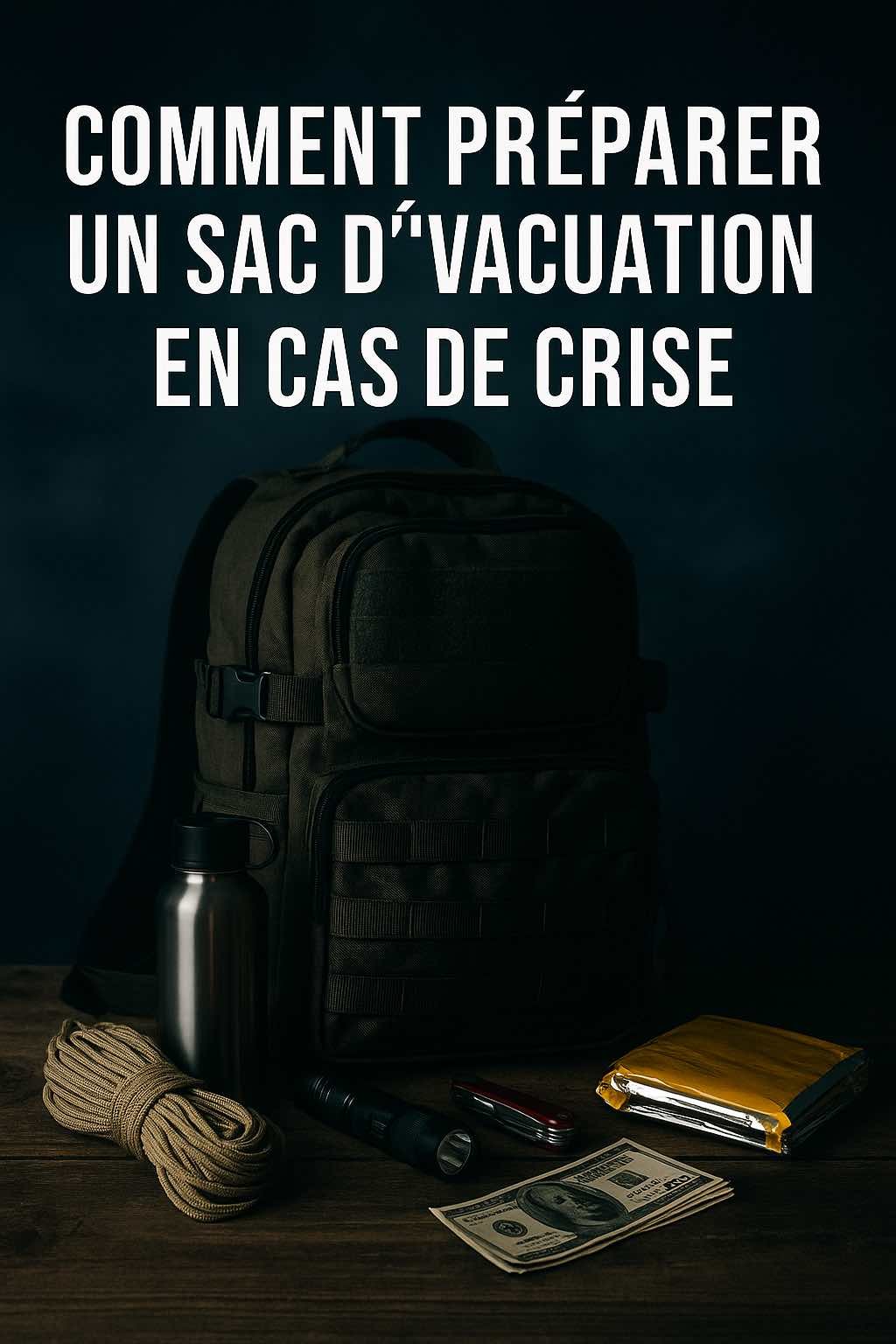 Photo dâun sac dâĂ©vacuation avec Ă©quipement de survie : gourde, paracorde, couteau suisse, lampe, argent et couverture de survie, illustrant la prĂ©paration en cas de crise.