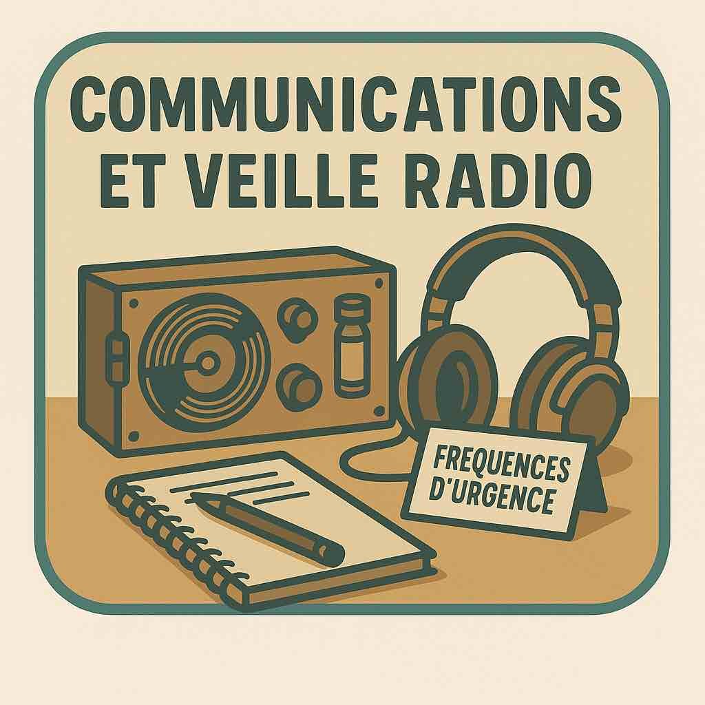 Illustration vintage d’un poste radio, casque audio et carnet de fréquences d’urgence – Catégorie Communications et veille radio