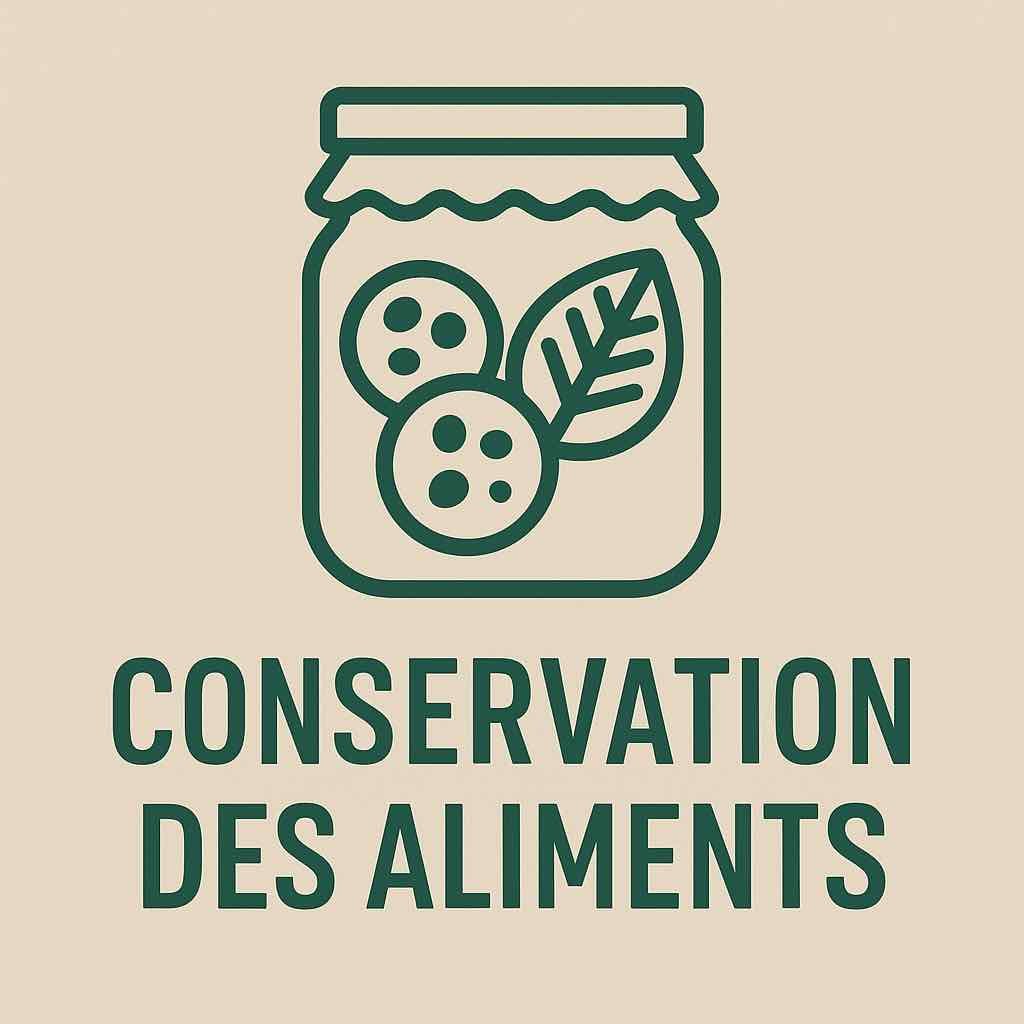Illustration vectorielle plate représentant des bocaux, sacs de conservation, légumes secs et paniers, symbolisant les méthodes de conservation des aliments sans réfrigération