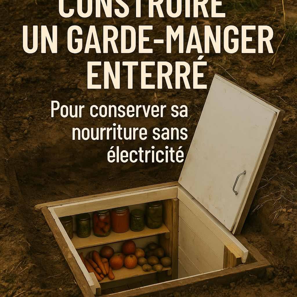 Illustration d’un garde-manger enterré avec schéma explicatif, montrant une solution d’autonomie alimentaire pour conserver durablement ses aliments sans frigo ni électricité.