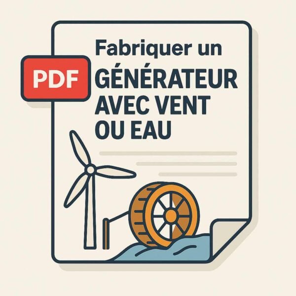 Illustration numérique d’un guide PDF sur la fabrication d’un générateur à énergie éolienne et hydraulique artisanale, en autonomie
