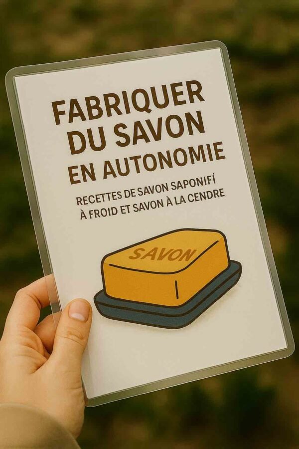 Photo d’une main tenant une fiche plastifiée intitulée "Fabriquer du savon en autonomie" avec une illustration de savon – version extérieure résistante