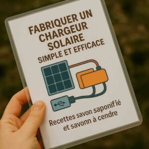 Photo d’une main tenant une fiche plastifiée intitulée "Fabriquer un chargeur solaire simple et efficace", avec illustration d’un panneau solaire, batterie et câble USB – version résistante pour usage en extérieur