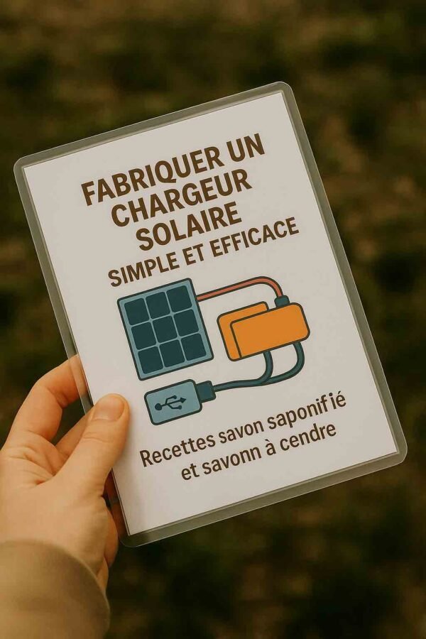 Photo d’une main tenant une fiche plastifiée intitulée "Fabriquer un chargeur solaire simple et efficace", avec illustration d’un panneau solaire, batterie et câble USB – version résistante pour usage en extérieur