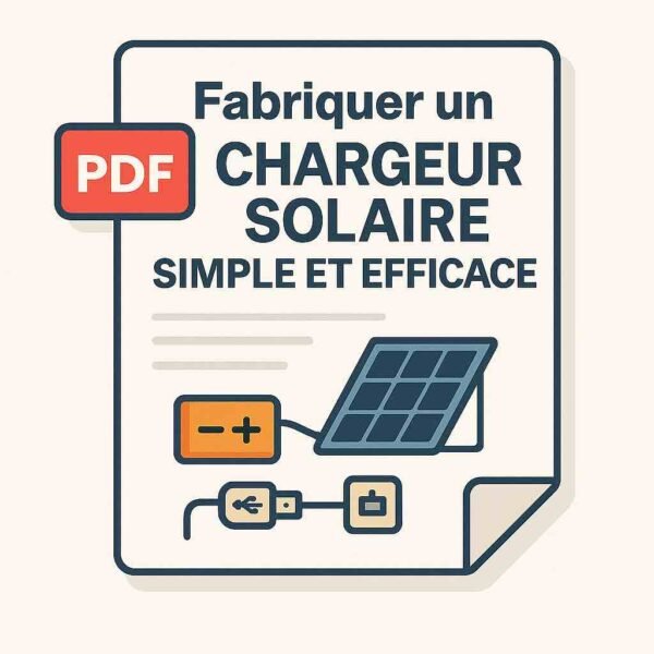 Illustration d’une fiche PDF avec étiquette rouge, panneau solaire, batterie et câblage USB – Fiche de construction d’un chargeur solaire autonome