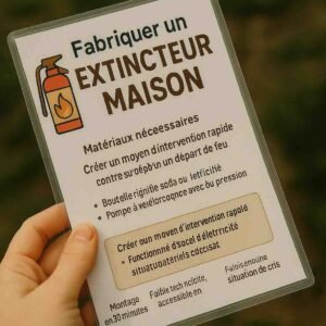 Photo d’une main tenant une fiche plastifiée intitulée "Fabriquer un extincteur maison", avec illustration d’un extincteur rouge – version résistante pour usage en situation d’urgence