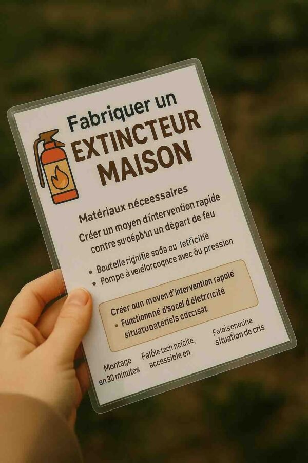Photo d’une main tenant une fiche plastifiée intitulée "Fabriquer un extincteur maison", avec illustration d’un extincteur rouge – version résistante pour usage en situation d’urgence