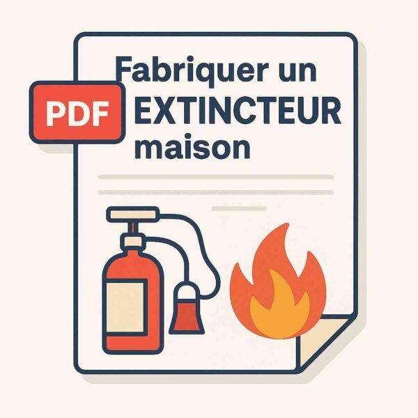 Illustration d’une fiche PDF avec icône d’extincteur rouge, flamme stylisée et titre "Fabriquer un extincteur maison" – Fiche de fabrication en autonomie