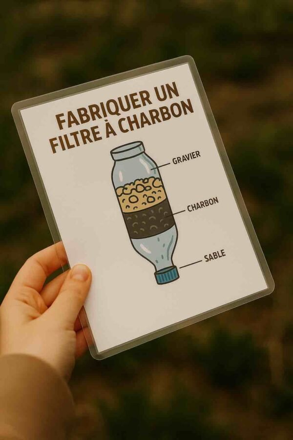 Photo d’une main tenant une fiche plastifiée illustrée avec une bouteille remplie de gravier, charbon et sable – fiche résistante pour purifier l’eau en autonomie en milieu naturel