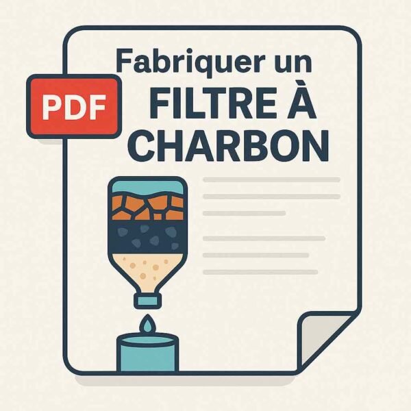 Illustration d’une fiche PDF avec un filtre à gravité en bouteille contenant gravier, charbon et sable – guide visuel pour purifier l’eau en autonomie