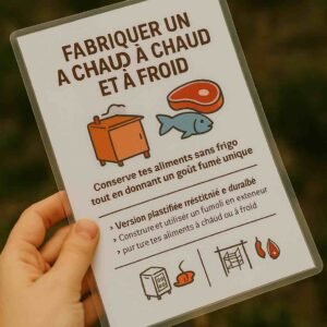 Photo d’une main tenant une fiche plastifiée intitulée "Fabriquer un fumoir à chaud et à froid", avec illustrations de fumoir, poisson et viande – version résistante pour usage en extérieur