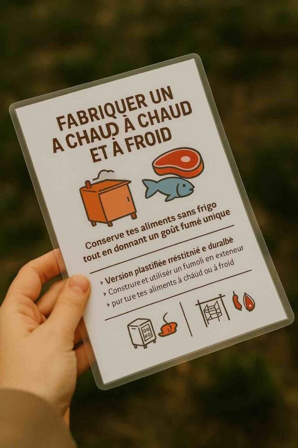 Photo d’une main tenant une fiche plastifiée intitulée "Fabriquer un fumoir à chaud et à froid", avec illustrations de fumoir, poisson et viande – version résistante pour usage en extérieur