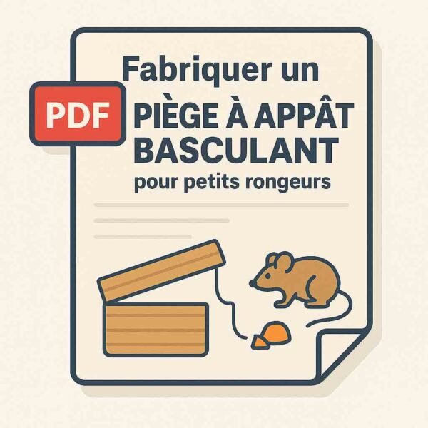 Illustration d’une fiche PDF avec une boîte basculante, une souris et un appât – Fiche de piégeage artisanal pour petits rongeurs