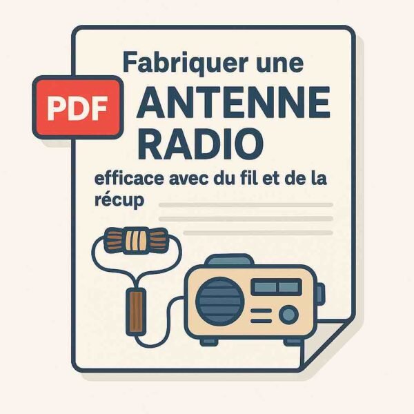 Illustration d’une fiche PDF avec un poste radio et une antenne artisanale enroulée, intitulée "Fabriquer une antenne radio efficace avec du fil et de la récup" – Fiche de veille radio en autonomie