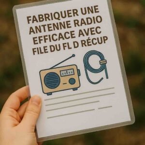 Photo d’une main tenant une fiche plastifiée avec dessins d’un poste radio et d’un câble enroulé – fiche en extérieur, résistante et non lisible à distance, pour amélioration de réception radio artisanale