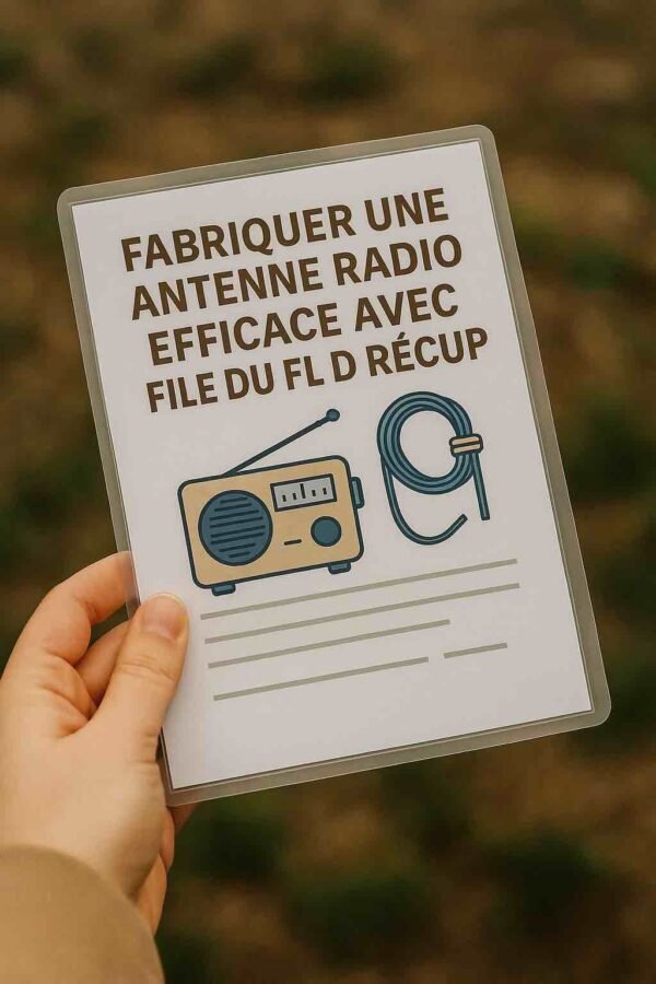 Photo d’une main tenant une fiche plastifiée avec dessins d’un poste radio et d’un câble enroulé – fiche en extérieur, résistante et non lisible à distance, pour amélioration de réception radio artisanale