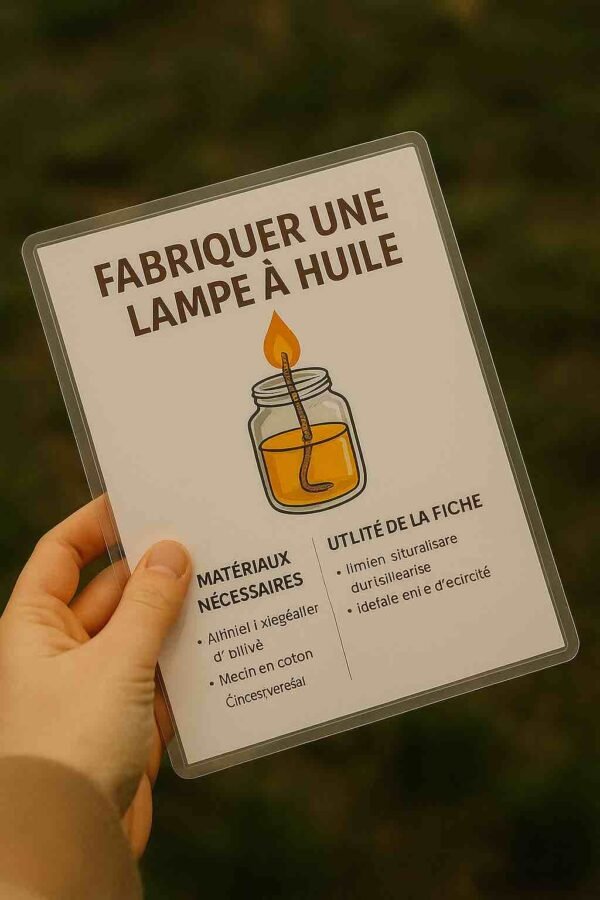 Photo d’une main tenant une fiche plastifiée avec une illustration de bocal en verre contenant une flamme – fiche résistante, adaptée à un usage extérieur sans électricité
