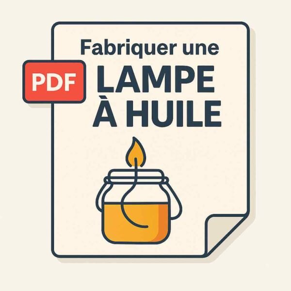 Illustration d’une fiche PDF avec un pot en verre contenant une mèche allumée, intitulée "Fabriquer une lampe à huile" – fiche pratique pour l’éclairage autonome sans électricité