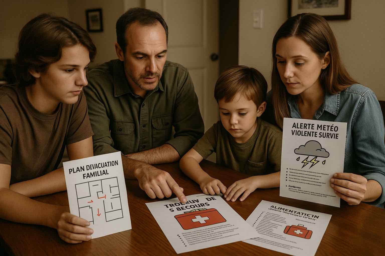 Photo réaliste d'une famille de quatre personnes préparant ensemble un plan d'urgence à la maison, avec une trousse de secours et une carte sur la table