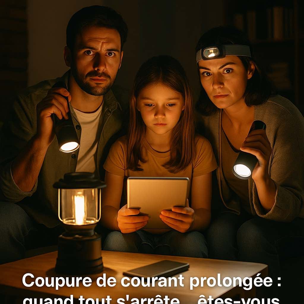 Une famille installée dans son salon, utilisant des lampes d’appoint et consultant un guide de survie en l'absence d'électricité, illustrant la nécessité d’anticiper les pannes de courant longues.
