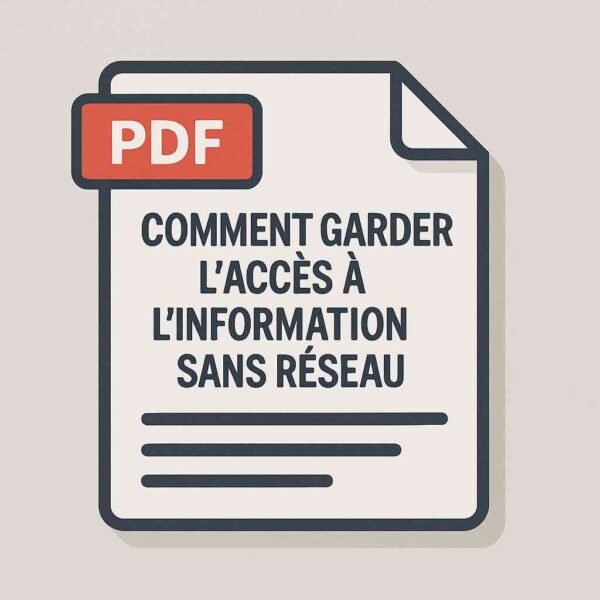 Icône numérique stylisée d’un document PDF avec le titre “Comment garder l’accès à l’information sans réseau” sur fond gris clair