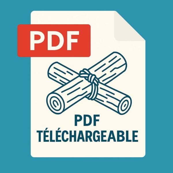 Illustration stylisée d’un document PDF avec deux rondins noués par une corde, sur fond turquoise, représentant la version téléchargeable de la fiche de ligature en pleine nature
