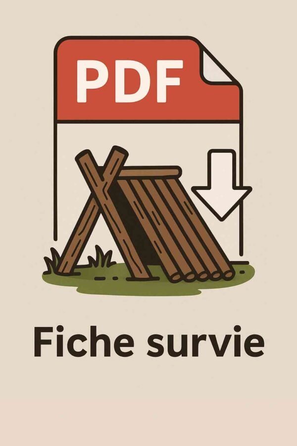 Illustration stylisée d’un document PDF montrant un abri en rondins monté sans clou, avec une flèche de téléchargement – fiche téléchargeable sur la construction bois autonome