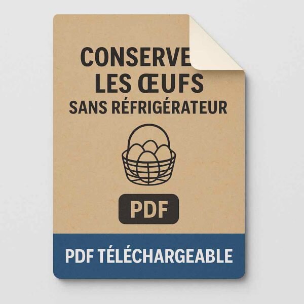 Icône numérique d’un fichier PDF avec un panier d’œufs, sur fond beige, illustrant la version téléchargeable de la fiche “Conserver les œufs sans réfrigérateur”