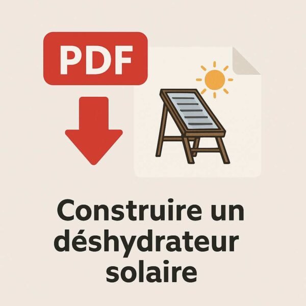 Icône stylisée d’un fichier PDF avec un schéma de déshydrateur solaire, illustrant la version téléchargeable de la fiche sur la conservation des aliments sans électricité