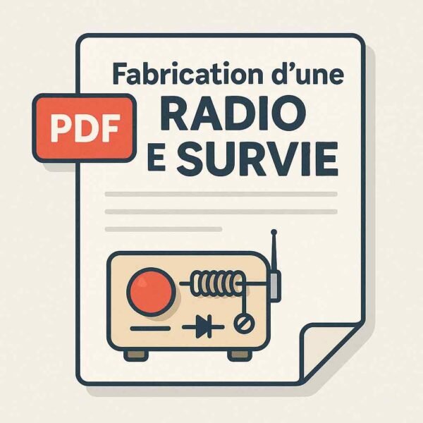 Illustration stylisée d’un fichier PDF intitulé « Fabrication d’une radio de survie », avec un schéma de poste à galène sur fond clair, représentant la version téléchargeable de la fiche
