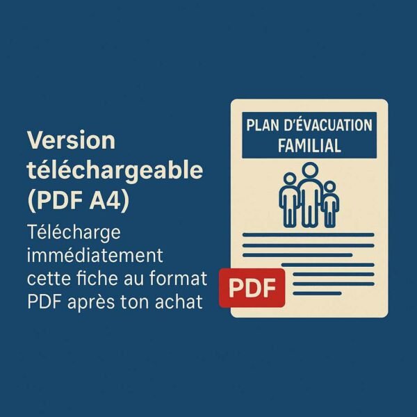 Icône numérique représentant un document PDF avec une silhouette de famille et une flèche de sortie, symbolisant une évacuation rapide et organisée