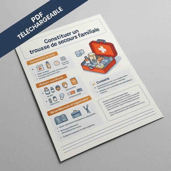 Photographie d’un document PDF imprimé illustrant les éléments d’une trousse de secours familiale, avec titre lisible et contenu structuré en icônes, posé sur une surface grise