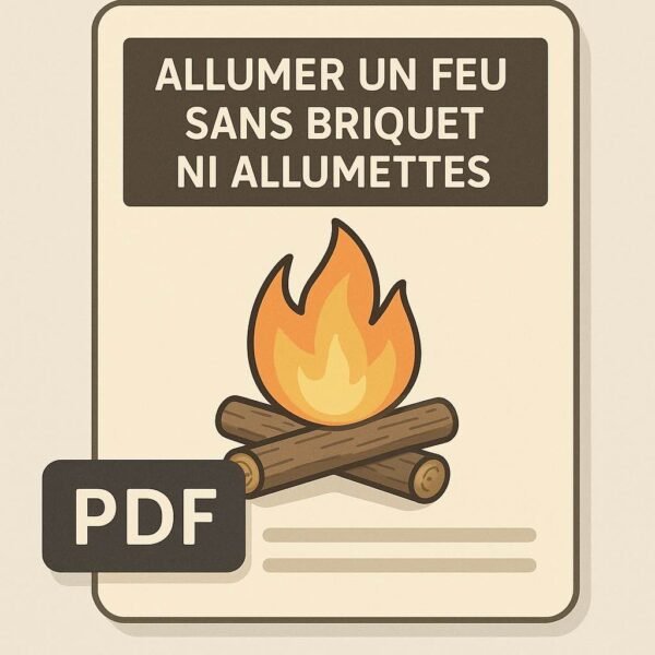 Illustration numérique stylisée d’un document PDF sur fond beige avec un feu de camp enflammé et le titre “Allumer un feu sans briquet ni allumettes”