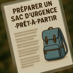 Photographie d'une fiche plastifiée floutée sur la préparation d’un sac d’urgence “prêt-à-partir”, tenue à la main.