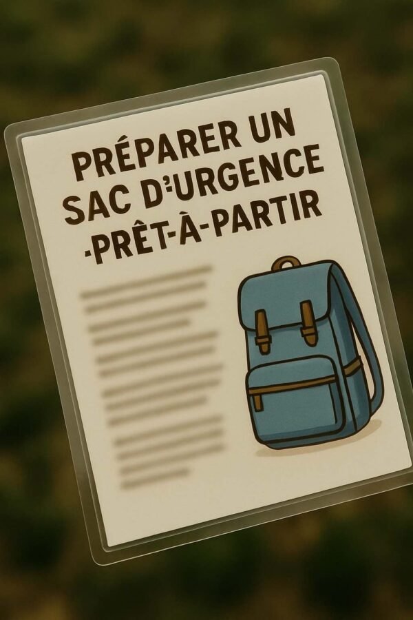 Photographie d'une fiche plastifiée floutée sur la préparation d’un sac d’urgence “prêt-à-partir”, tenue à la main.