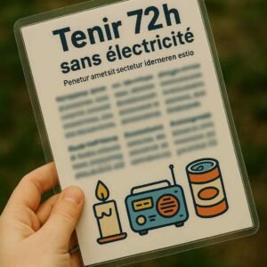 Une fiche de survie plastifiée intitulée « Tenir 72h sans électricité » tenue à deux mains, illustrant les premières mesures à adopter lors d’une coupure de courant prolongée.