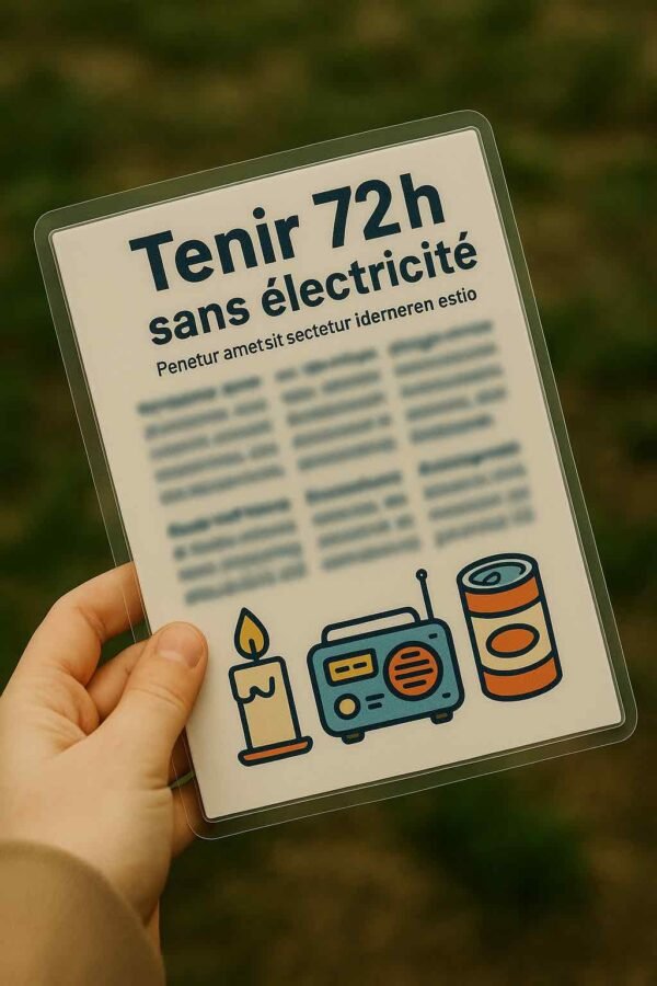 Une fiche de survie plastifiée intitulée « Tenir 72h sans électricité » tenue à deux mains, illustrant les premières mesures à adopter lors d’une coupure de courant prolongée.