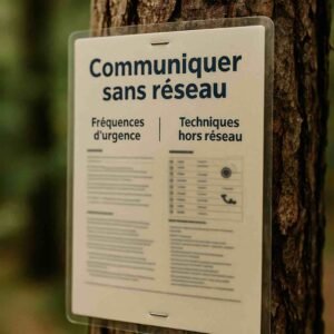 Photographie d’une fiche de survie plastifiée intitulée "Communiquer sans réseau", fixée à un tronc en bois, illustrant les fréquences d'urgence et les techniques hors réseau sans rendre le texte lisible dans le détail