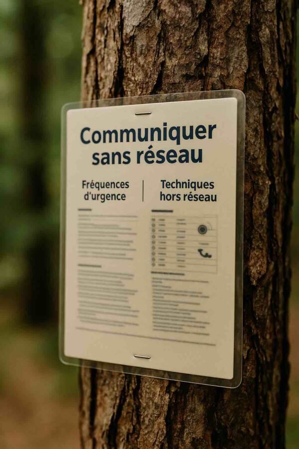 Photographie d’une fiche de survie plastifiée intitulée "Communiquer sans réseau", fixée à un tronc en bois, illustrant les fréquences d'urgence et les techniques hors réseau sans rendre le texte lisible dans le détail