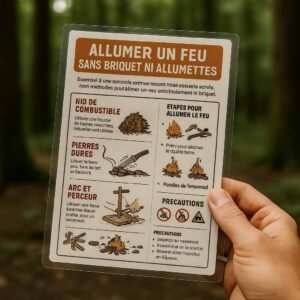 Photographie d’une fiche de survie plastifiée en français, tenue à la main en pleine forêt, présentant des méthodes pour allumer un feu sans allumettes ni briquet