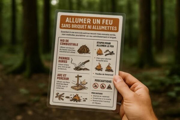 Photographie d’une fiche de survie plastifiée en français, tenue à la main en pleine forêt, présentant des méthodes pour allumer un feu sans allumettes ni briquet