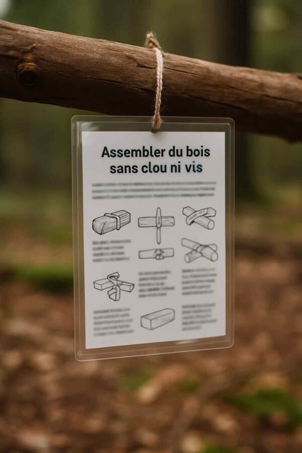 Photographie d’une fiche de survie plastifiée suspendue à un rondin, illustrant des assemblages bois traditionnels sans contenu lisible, dans un décor naturel